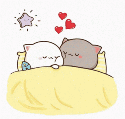 Two Cats Are Sleeping In A Bed With Hearts Flying Around Them GIF