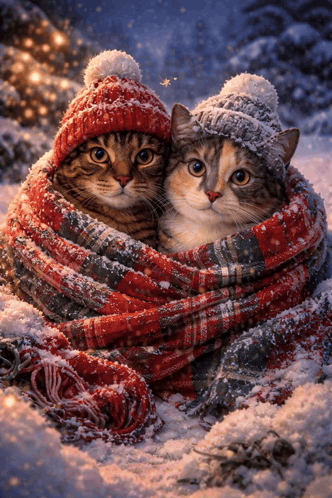 Two Cats Are Wrapped In A Scarf And Hats In The Snow GIF