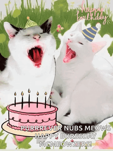 Two Cats Are Yawning Next To A Birthday Cake With Candles . GIF