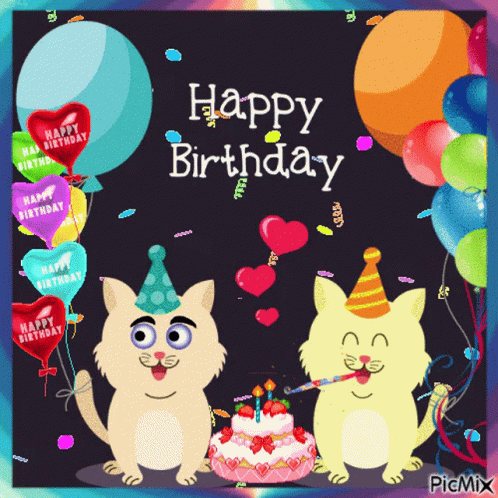 Two Cats Blowing Out Candles On A Birthday Cake GIF