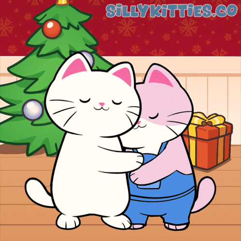 Two Cats Hugging in Front of Christmas Tree