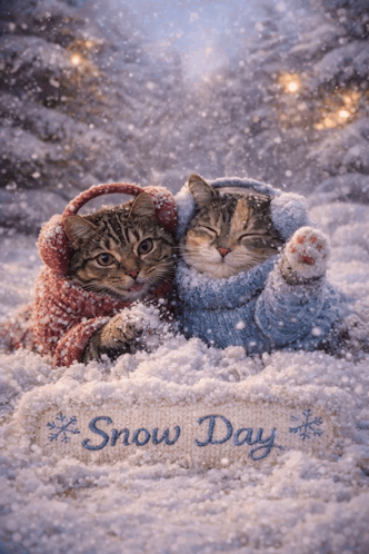 Two Cats in Sweaters and Ear Muffs in Snow