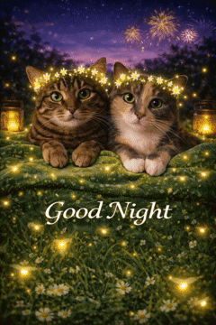 Two Cats Laying On A Blanket With Fireworks In The Background And The Words " Good Night " GIF