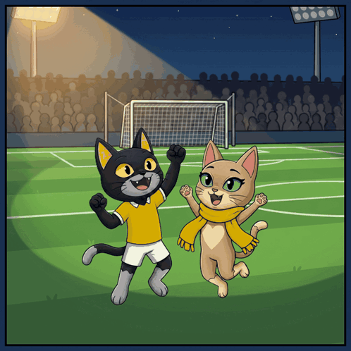 Two Cats on Soccer Field at Night