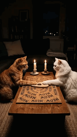 Two Cats Sitting at Table With Meow Board and Candles