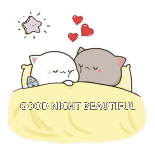 Two Cats Sleeping In Bed With Hearts Saying Good Night Beautiful GIF