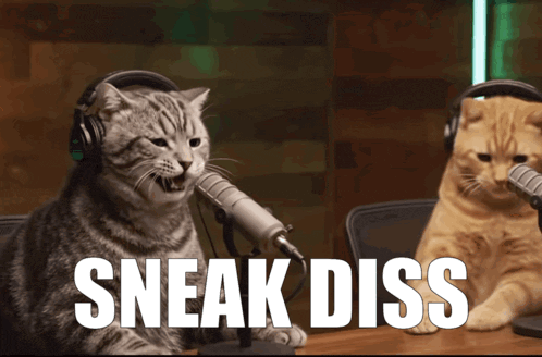 Two Cats Wearing Headphones Are Sitting In Front Of A Microphone With The Words Sneak Diss Written Below Them GIF