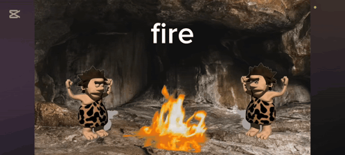 Two Cavemen Are Standing In Front Of A Fire With The Word Fire Below Them GIF