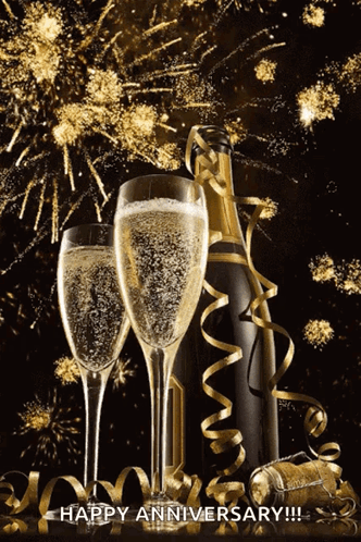 Two Champagne Glasses and Bottle with Happy Anniversary