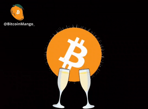 Two Champagne Glasses Toasting in Front of Bitcoin Logo