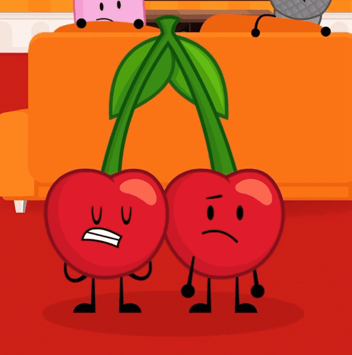 Two Cherries With Faces And Arms Are Standing Next To Each Other In Front Of An Orange Couch GIF