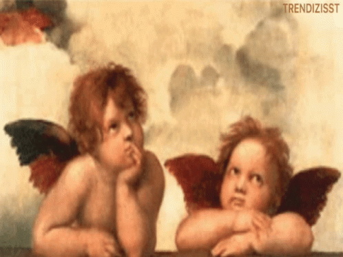 Two Cherubs With Wings Looking Up at Sky