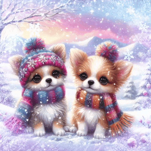 Two Chihuahua Puppies Wearing Hats And Scarves Are Sitting In The Snow GIF