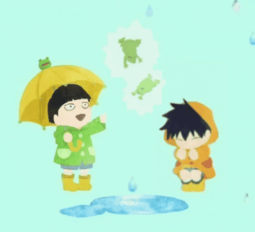 Two Children Are Playing In The Rain And One Has A Yellow Frog On His Umbrella GIF
