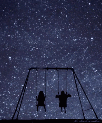 Two Children Are Sitting On Swings Under A Starry Night Sky With The Words " The Clouded Moonshine " On The Bottom GIF