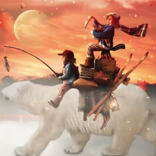 Two Children Riding Polar Bear While Fishing GIF