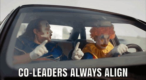 Two Clowns Are Sitting In A Car With The Words Co-Leaders Always Align GIF
