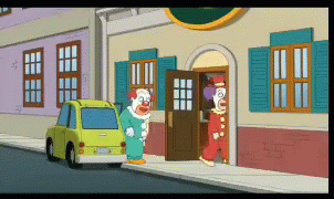 Two Clowns Are Standing In Front Of A Building With A Car Parked In Front Of Them GIF