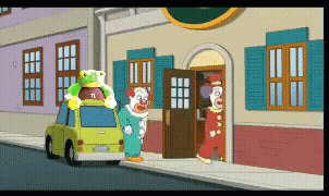 Two Clowns Are Standing In Front Of A Building With The Number 1 On Their Shirt GIF