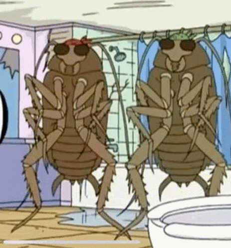Two Cockroaches Wearing Sunglasses Are Standing Next To Each Other In A Bathroom GIF