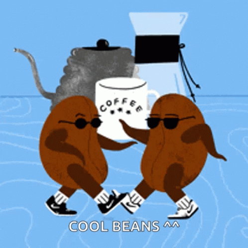 Two Coffee Beans Dancing with Coffee Cup