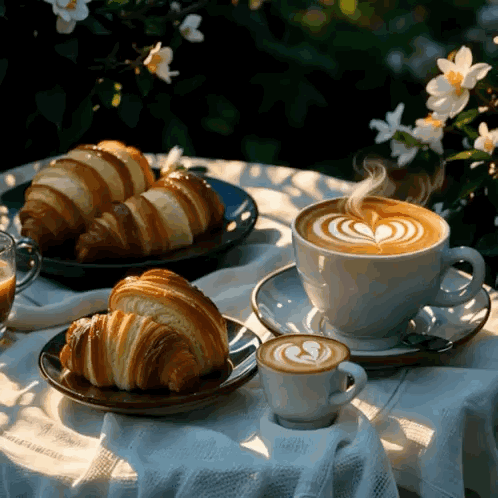 Two Coffee Cups and Croissants