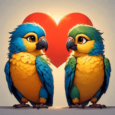 Two Colorful Birds Are Standing Next To Each Other In Front Of A Red Heart GIF