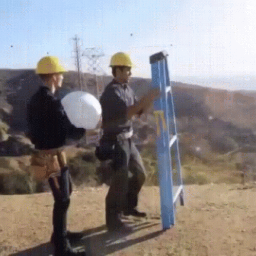 Two Construction Workers Standing Next to Ladder