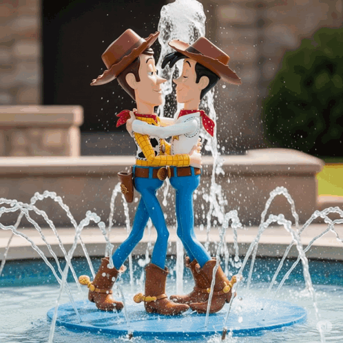 Two Cowboys Hugging in Front of Fountain
