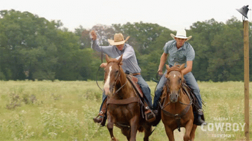 Two Cowboys Riding Horses In A Field With The Words Ultimate Cowboy Showdown GIF