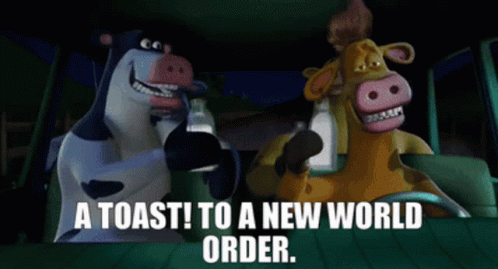 Two Cows In Car With Toast To New World Order GIF
