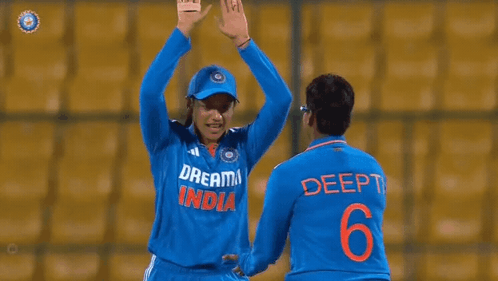 Two Cricket Players Are Giving Each Other A High Five . GIF