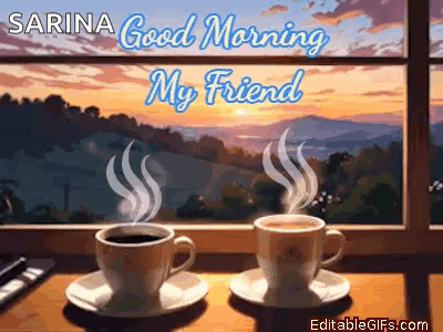 two cups of coffee are sitting on a table in front of a window with the words " good morning my friend "