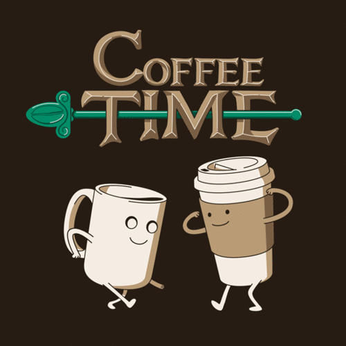 Two Cups Of Coffee Are Standing Next To Each Other Under A Coffee Time Logo GIF