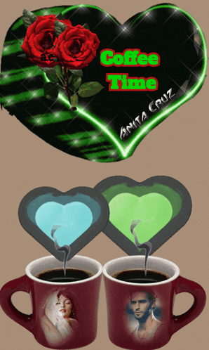 Two Cups Of Coffee Next To A Heart With The Words Coffee Time On It GIF