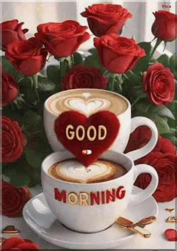 Two Cups Of Coffee With Heart Saying Good Morning GIF