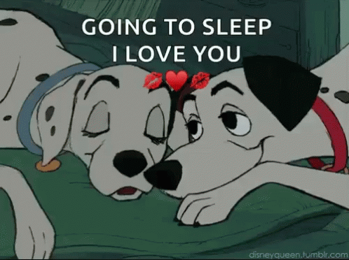 Two Dalmatian Dogs Laying Next To Each Other With The Words Going To Sleep I Love You On The Bottom GIF