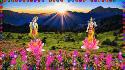 Two Deities Are Standing In A Field Of Flowers With Mountains In The Background . GIF