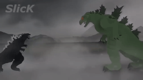 Two Dinosaurs Are Standing Next To Each Other And The Word Slick Is On The Bottom Right GIF