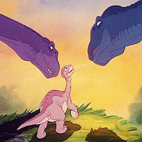 Two Dinosaurs Looking At Baby Dinosaur GIF