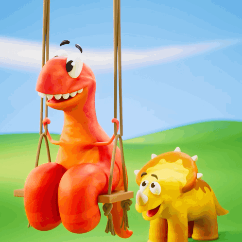 Two Dinosaurs Sitting On Swing GIF