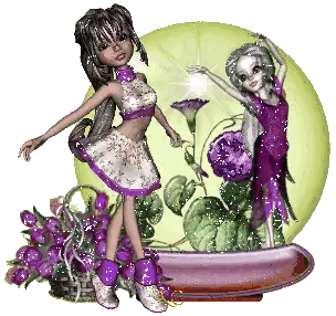 Two Dolls Next to Purple Flowers