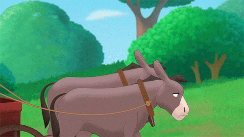 Two Donkeys Pulling Cart in Cartoon Scene