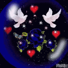 Two Doves Surrounded By Hearts And Flowers GIF