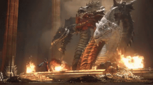 Two Dragons Are Fighting Each Other In A Video Game Scene GIF