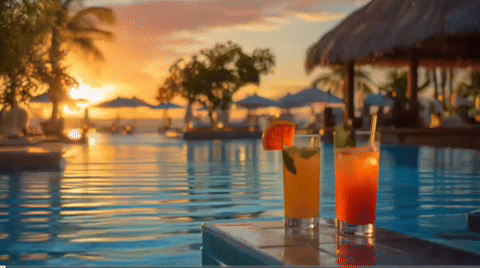 Two Drinks on Table Near Pool at Sunset