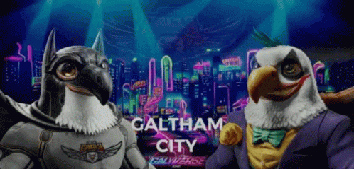 Two Eagles Standing Together In Front Of Galtham City GIF