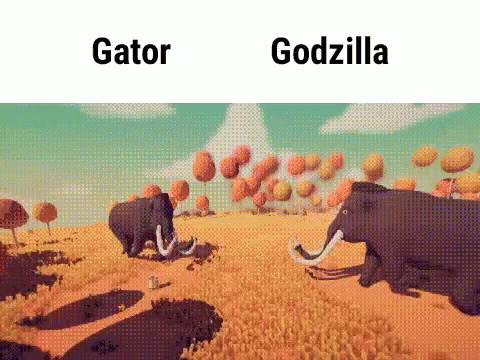 Two Elephants Are Walking In A Field With The Words Gator And Godzilla Above Them . GIF