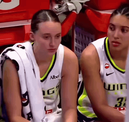 Two Female Basketball Players With One Wearing A Jersey That Says Albe GIF