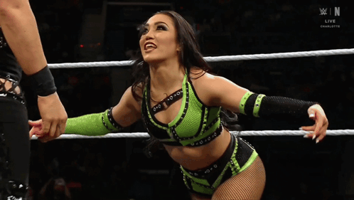 Two Female Wrestlers Are Standing In A Ring With The Word Raw On The Bottom GIF